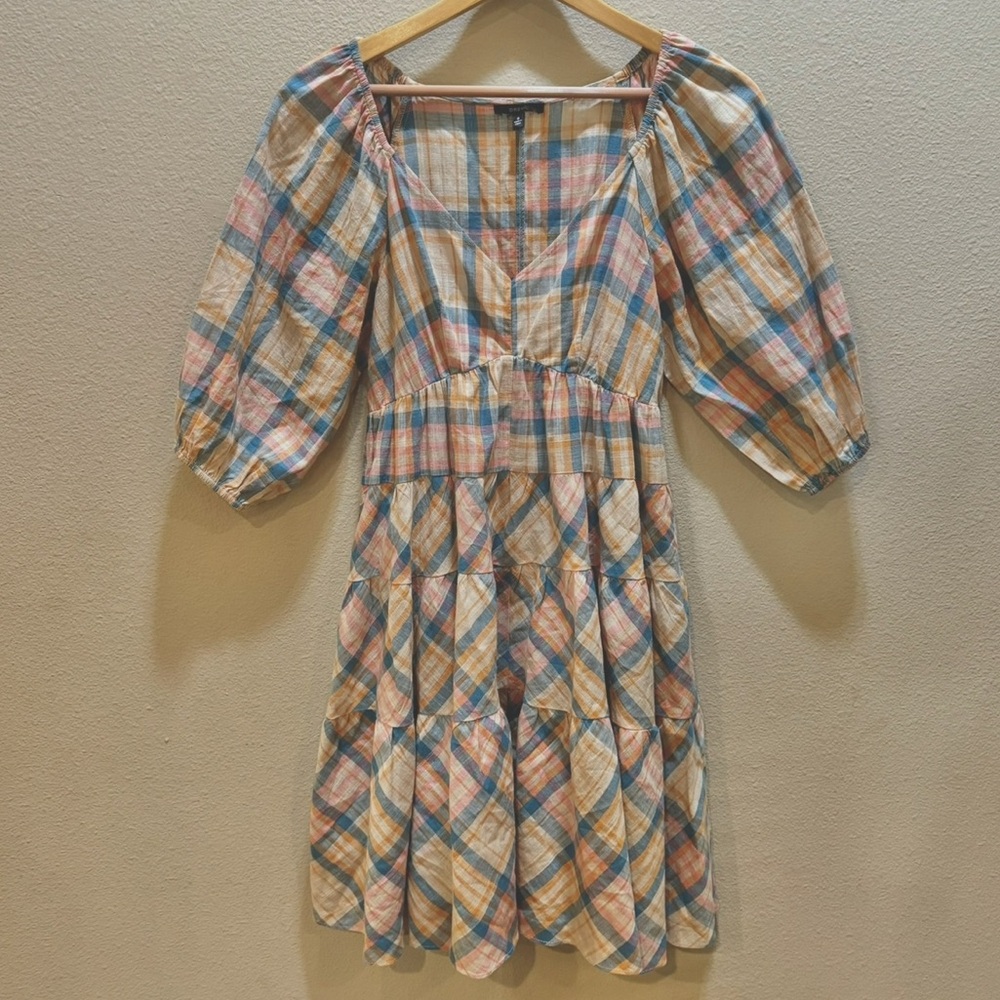 Drew by Anthropologie Plaid Ruffle Cottagecore Mini Dress with V-neckline Size S - Picture 2 of 10